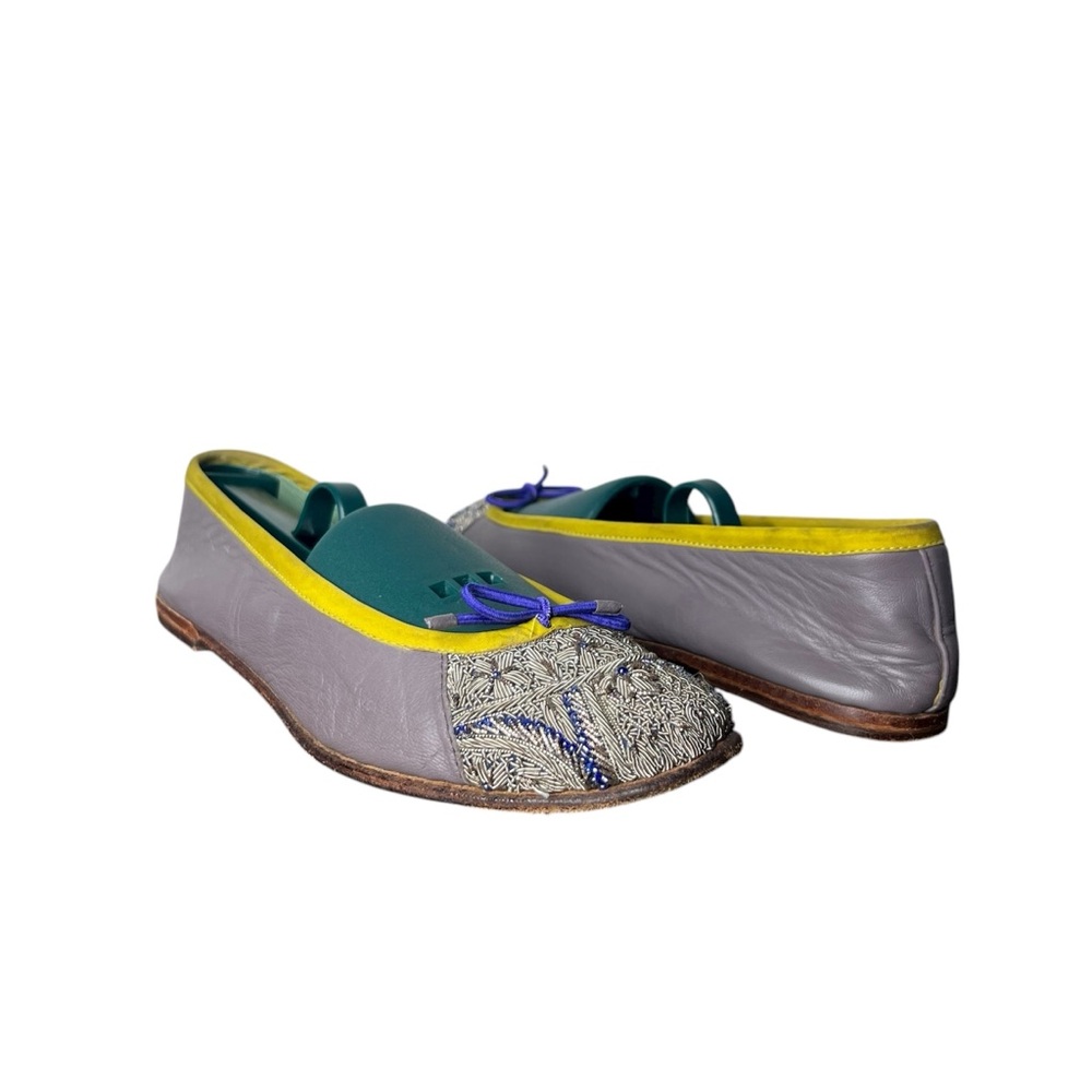 Meher Kakalia Grey Leather Handmade Embroidered Embellished Cap Toe Ballet Flats
